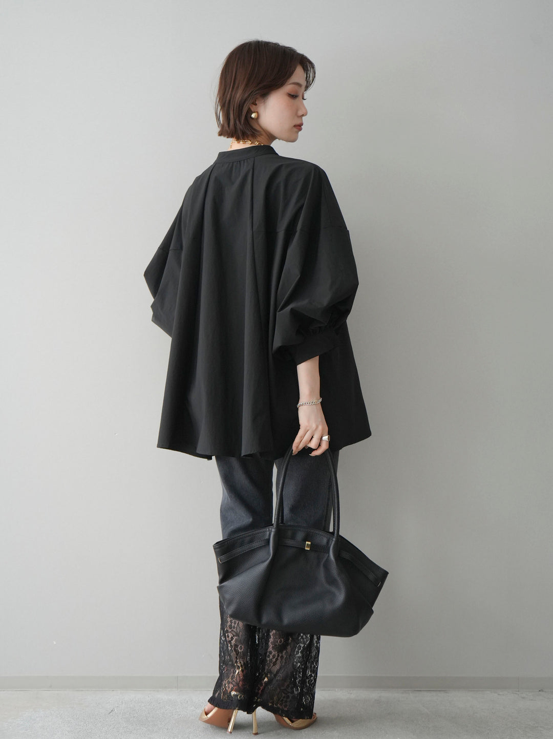 [予約]レース切替フレアデニムパンツ/black