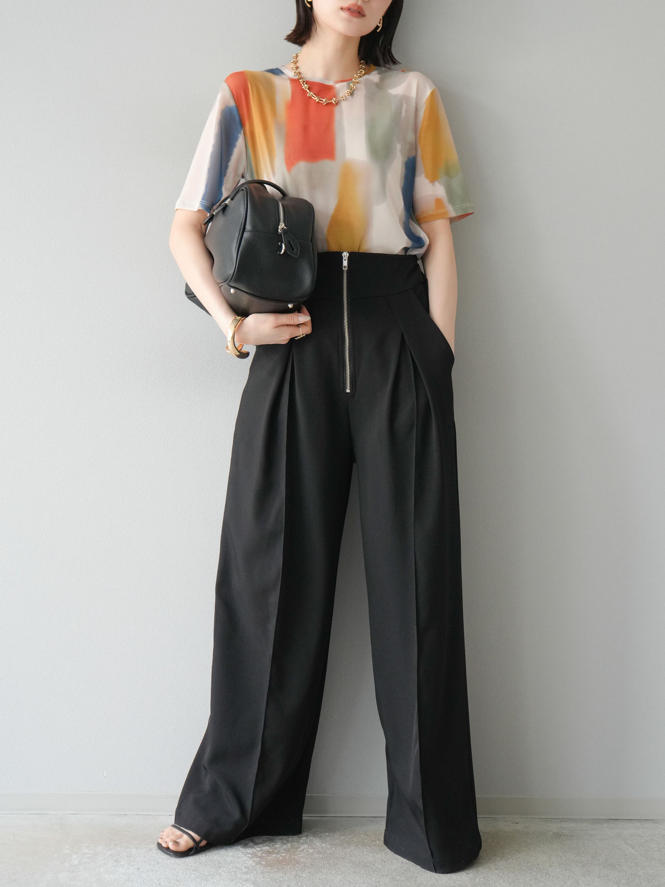 水彩山水 SET]水彩アートシアーTシャツ+ジップタックワイドパンツ(2set