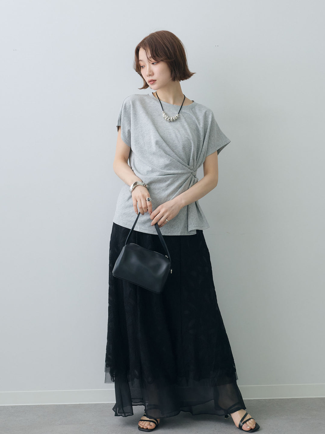 [SET]サイドノットTEE+フラワーレースレイヤードスカート(2set)