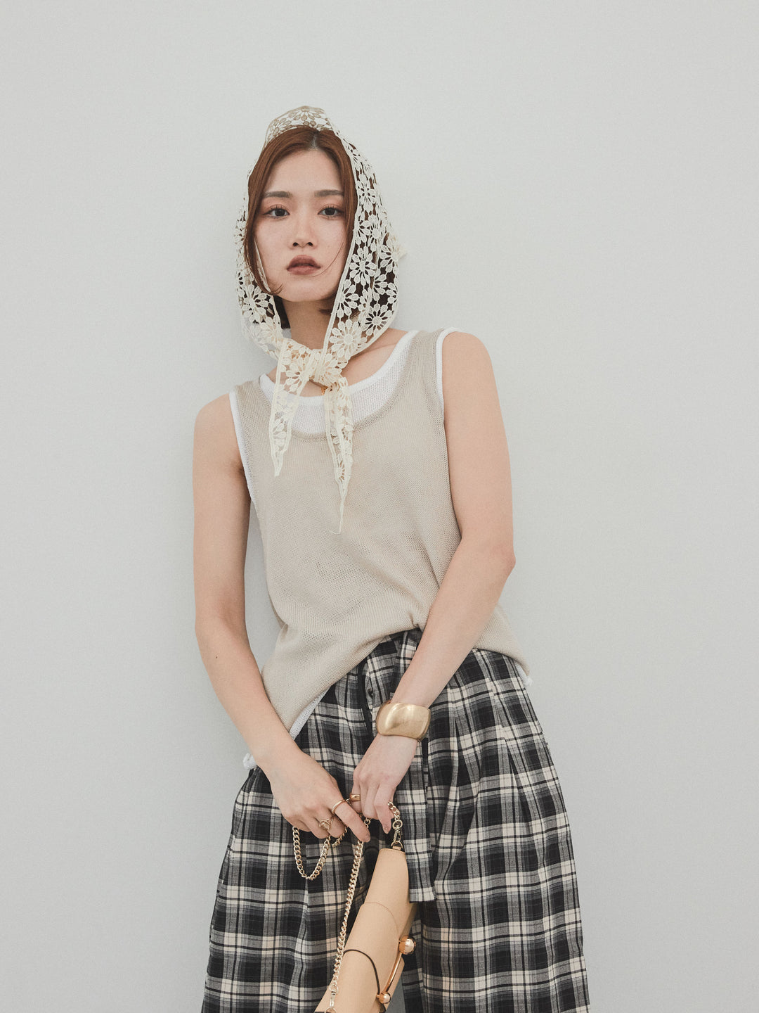 【SET】雙色疊穿針織背心+格紋寬褲（2套）