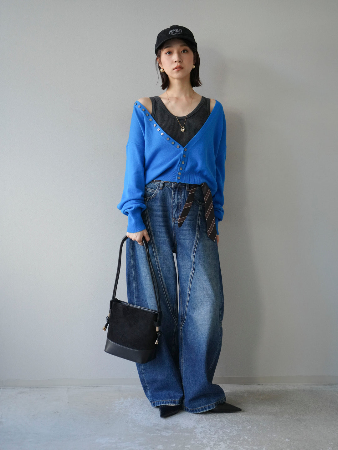 [予約]デザインボタンニットカーディガン＆タンクトップSET/ブルー