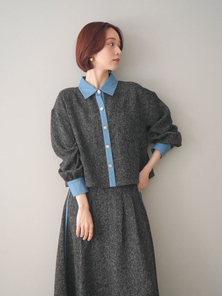 [SET]異素材サマーツイードシャツ+異素材サマーツイードタックフレアスカート(2set)