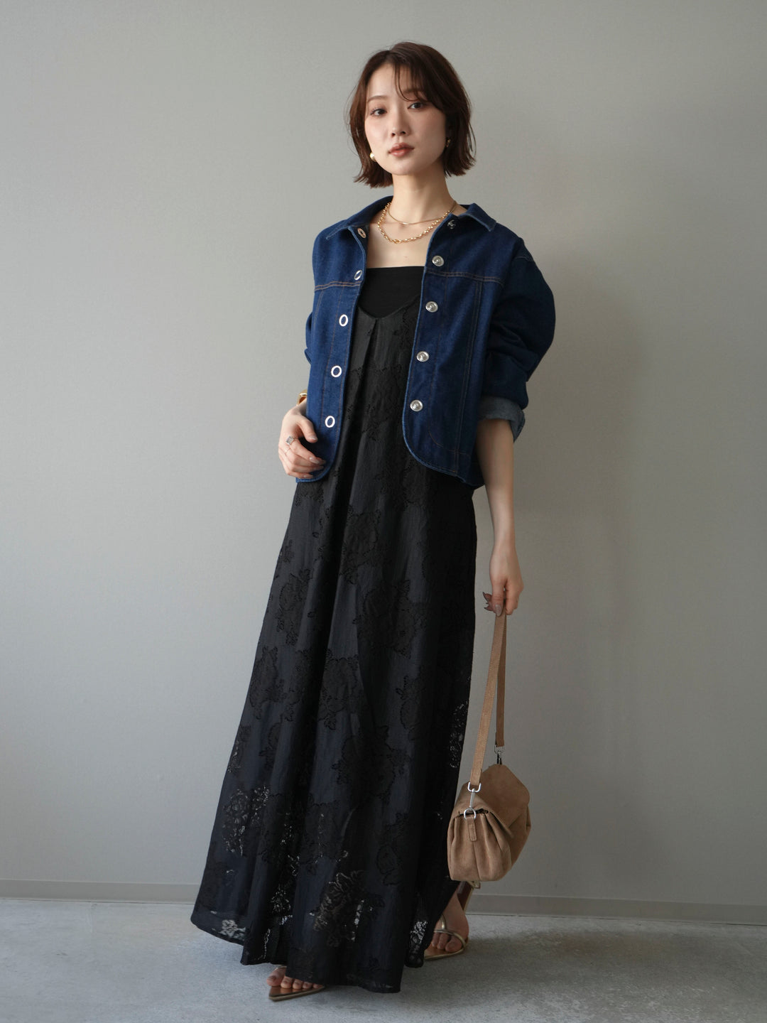 [予約]フラワーレースキャミワンピース/black