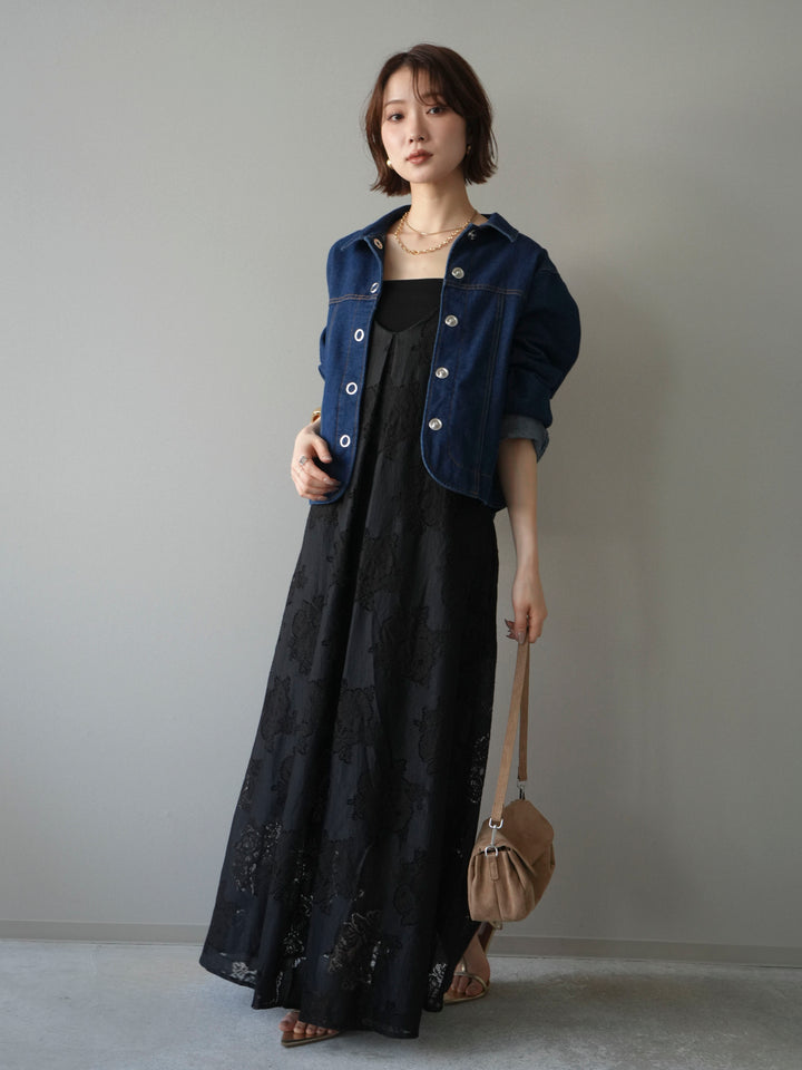 [予約]フラワーレースキャミワンピース/black