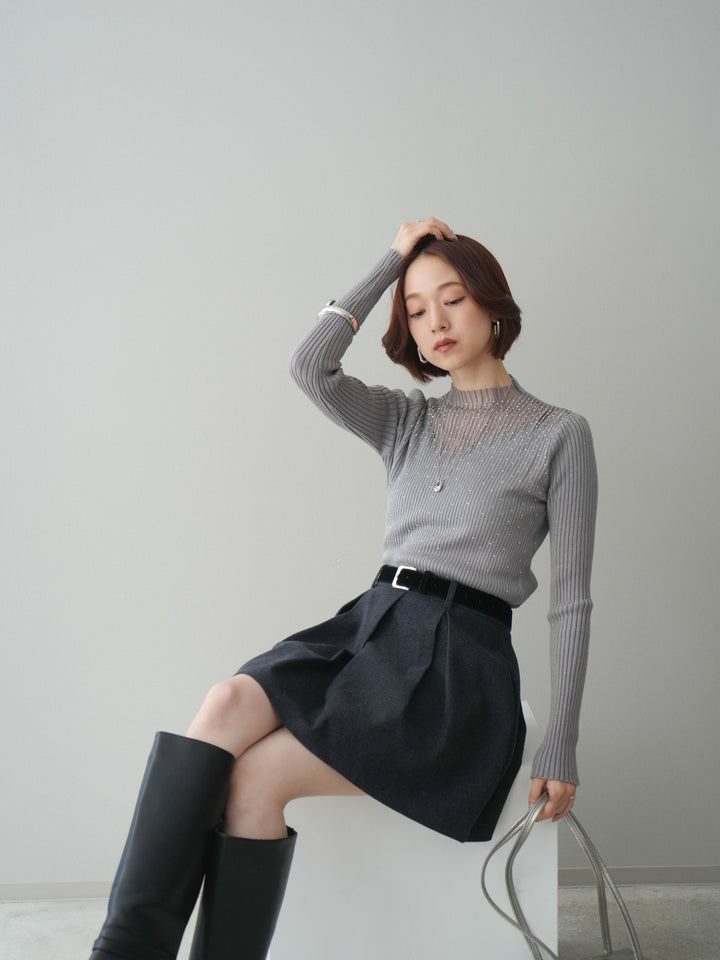 [SET]シアー切替スパンコールリブニットトップス+ベルト付きタックミニスカート(2set)