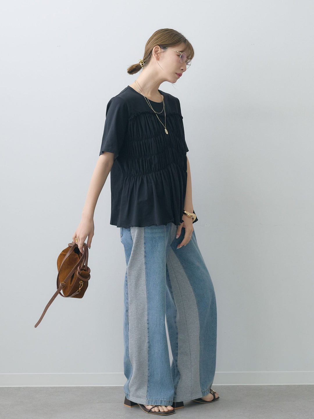 [SET]クールタッチシャーリングTEE+デニム切替スウェットパンツ(2set)