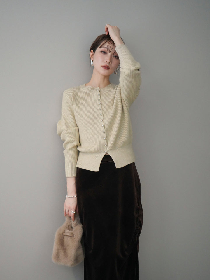 [SET]シルバーボタン畦編みニットカーディガン+ギャザーベロアスカート(2set)