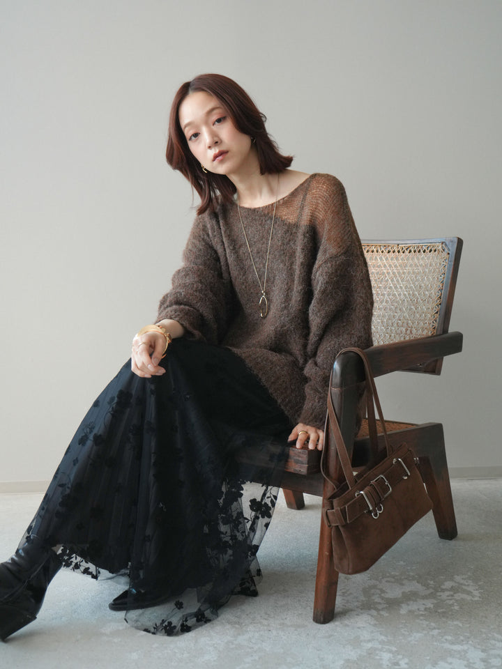 [SET]透かしデザインニットプルオーバー+フラワーフロッキーチュールプリーツスカート(2set)