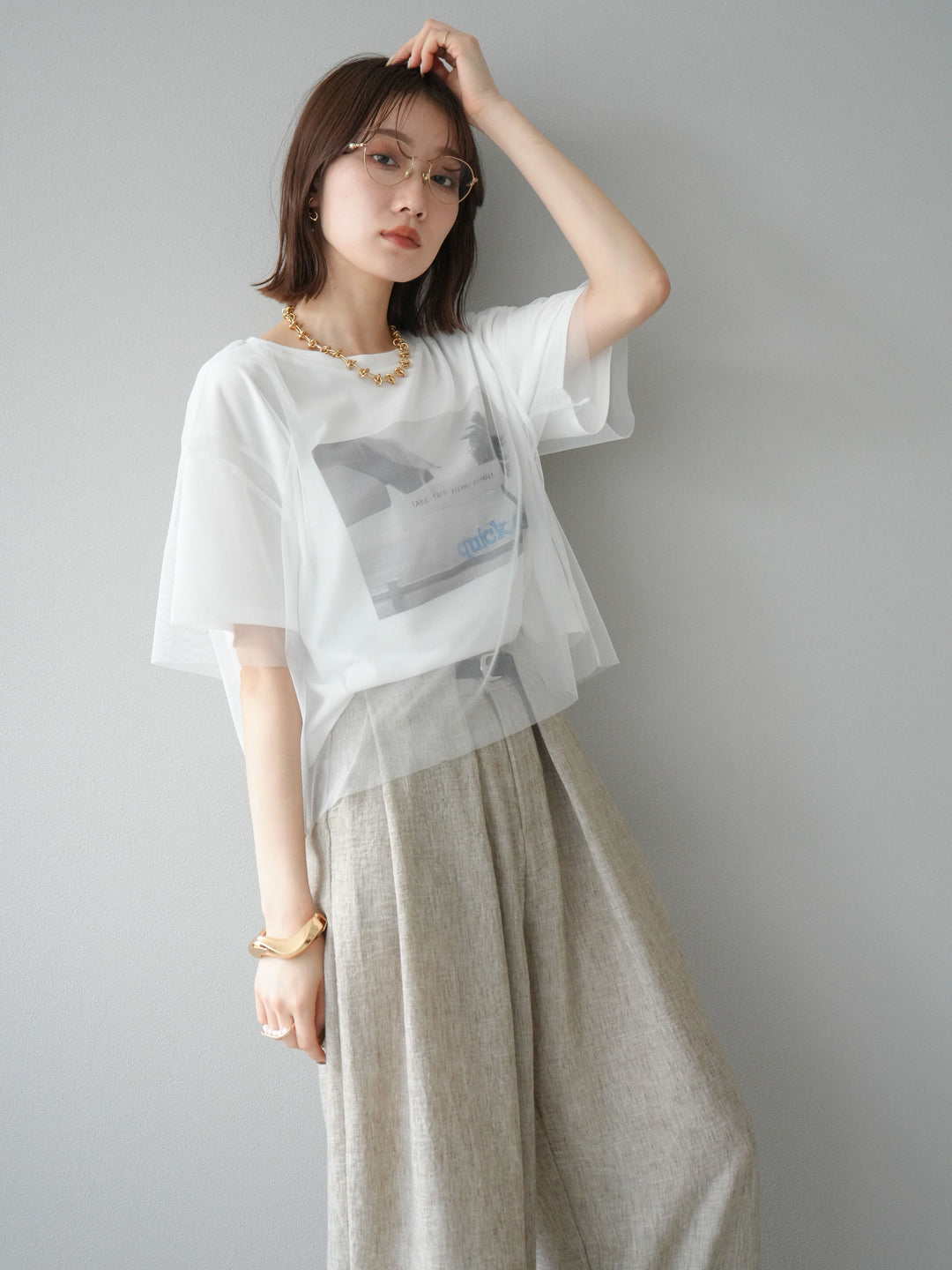 [予約]チュールドッキングフォトTシャツ/オフホワイト×ブルー