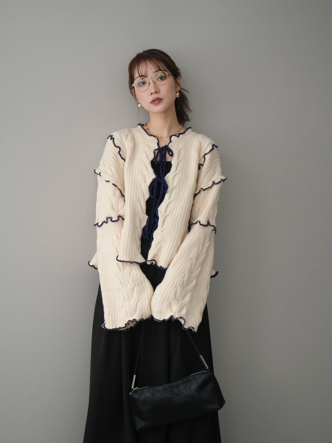 [SET]フロントリボン配色メローニットカーディガン+選べるアクセセット(2set)