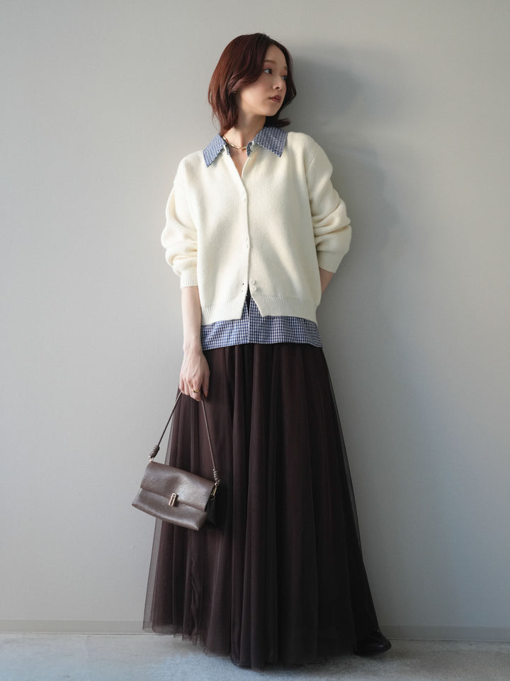 [SET]チェックシャツ襟ニットカーディガン+チュールボリュームスカート(2set)