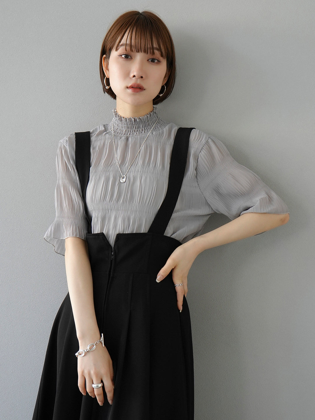 [SET] Shirring chiffon half sleeve blouse + 2WAY flare jumper skirt (2set)