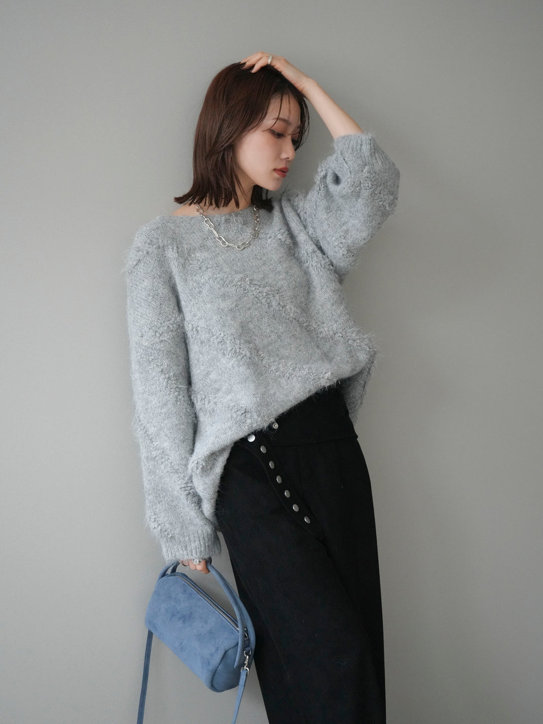 [予約]ブークレラインデザインニットプルオーバー/gray