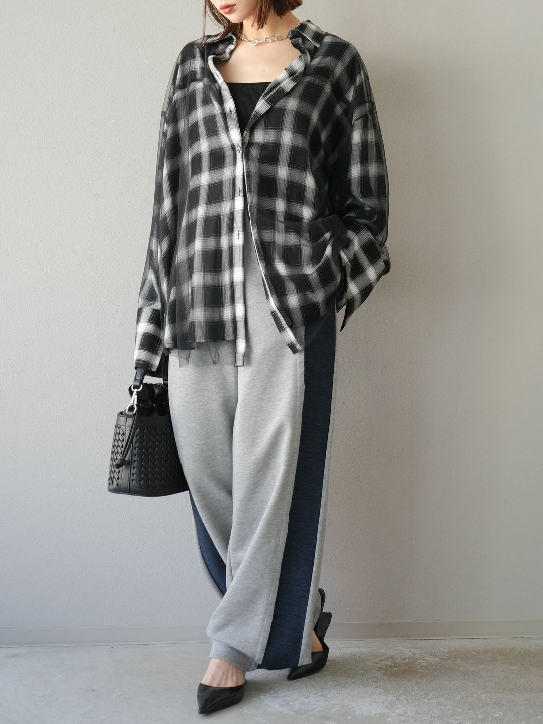 [套裝] 薄紗對接格紋寬鬆襯衫 + 牛仔布 Switch 2-Way 設計運動褲 (2 套)