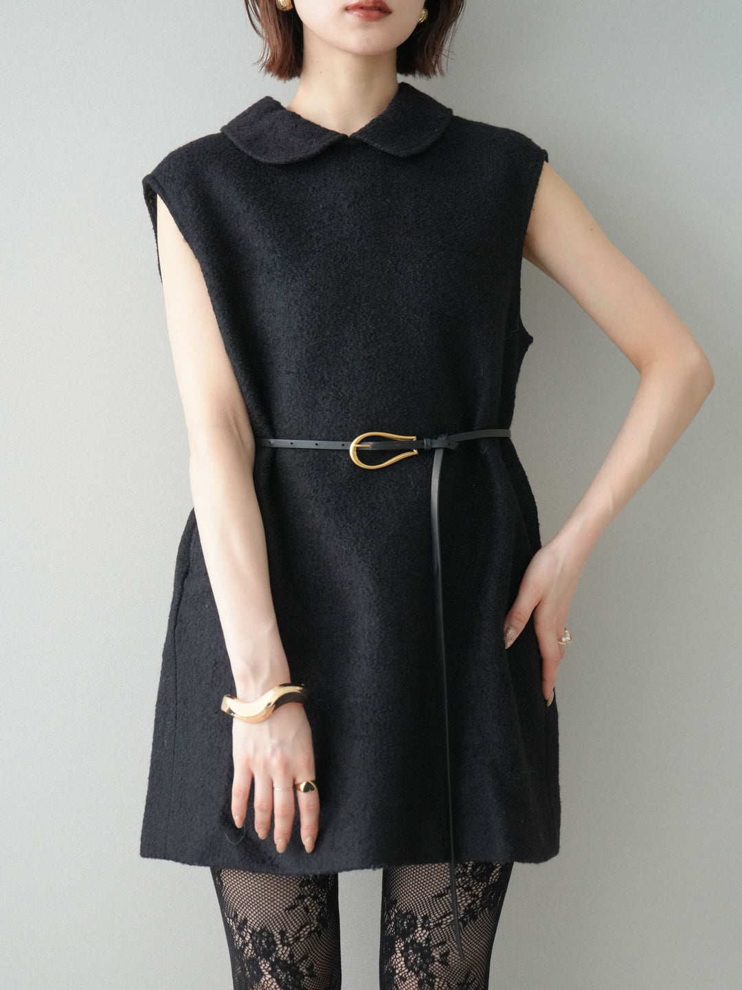 [予約]襟付きブークレミニワンピース/black