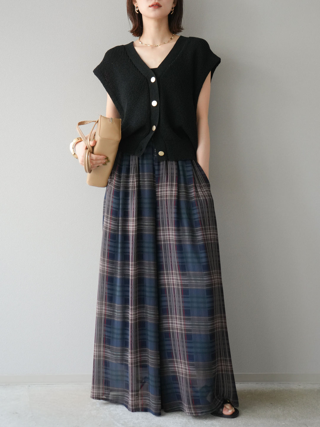 [預購] 透視格紋寬鬆褲/藏青色