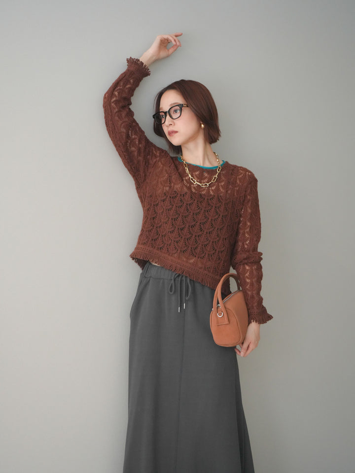 [予約]扇透かし編みクロップドニットプルオーバー/brown