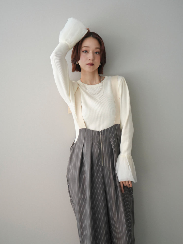 [SET]袖チュールパワショルリブニットトップス+グログランテープストライプサロペット(2set)