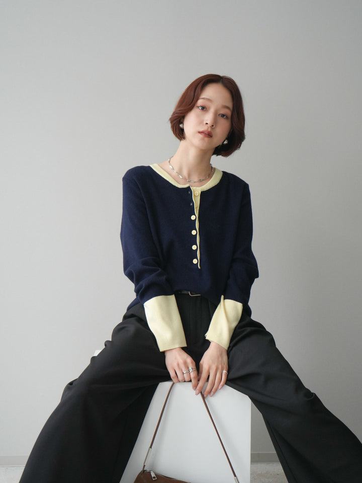 [SET]ヘンリーネック配色ニットソー+ベルトループデザインワイドパンツ(2set)