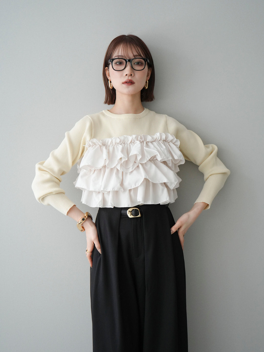 [予約]フリルビスチェドッキングスポンジニットプルオーバー/ivory