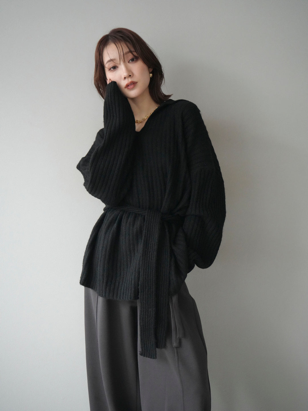 [予約]ワイドリブポロニットプルオーバー/black