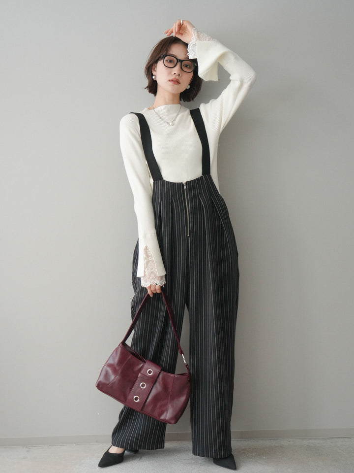 [SET]袖スカラップレースオフネックニットトップス+グログランテープストライプサロペット(2set)