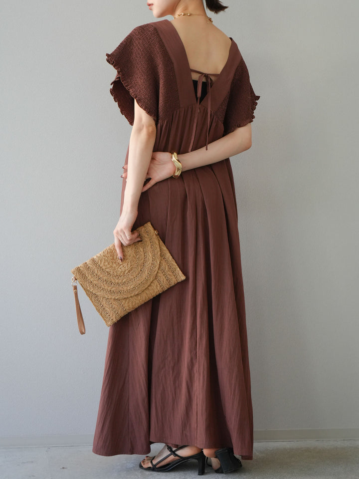 【預購】褶皺V領洋裝/棕色