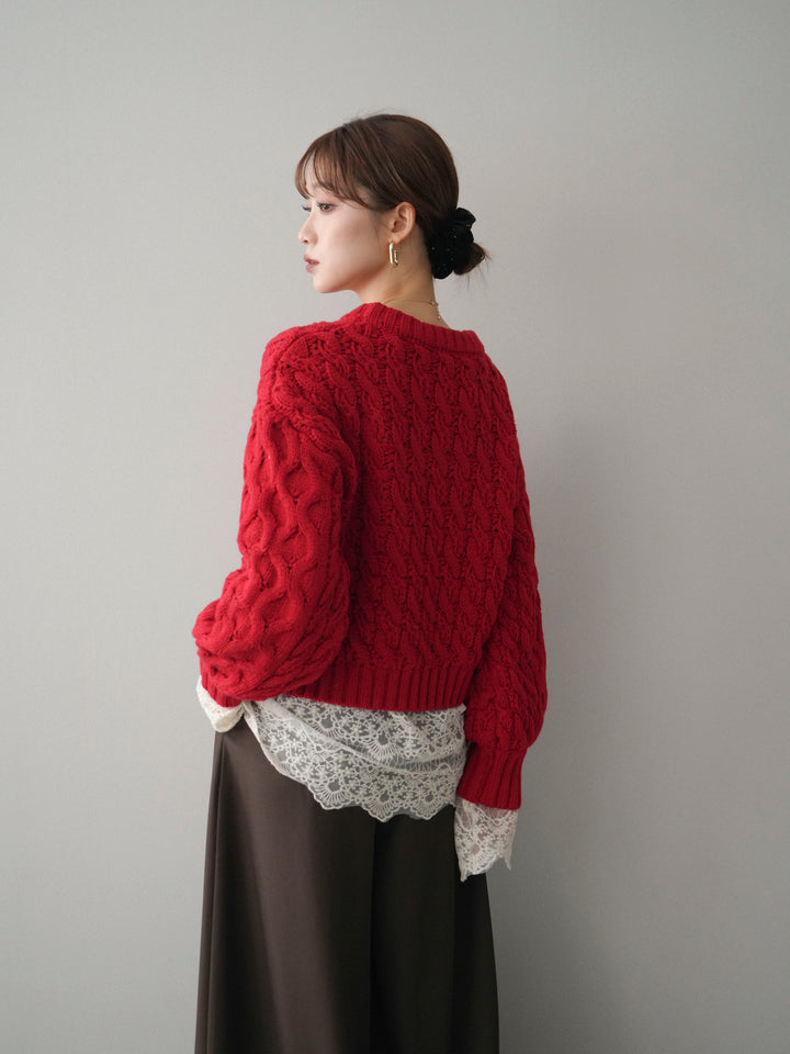 [SET]バルキーケーブルクロップドニットプルオーバー+テープベルトタックバギーパンツ(2set)