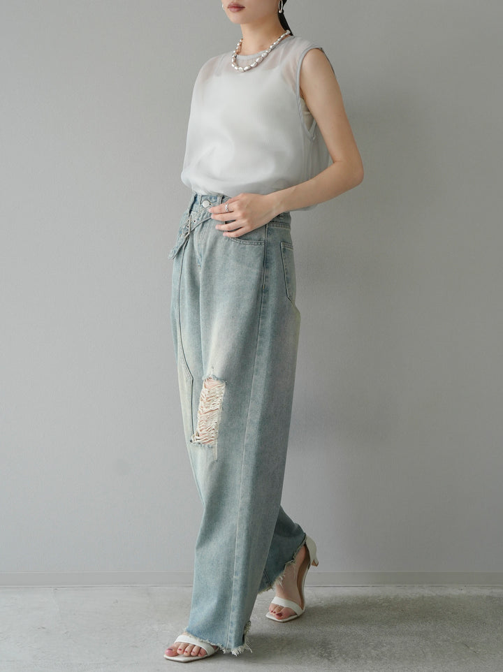 [SET] Organdy sleeveless top + belt asymmetrical damaged denim (2set)