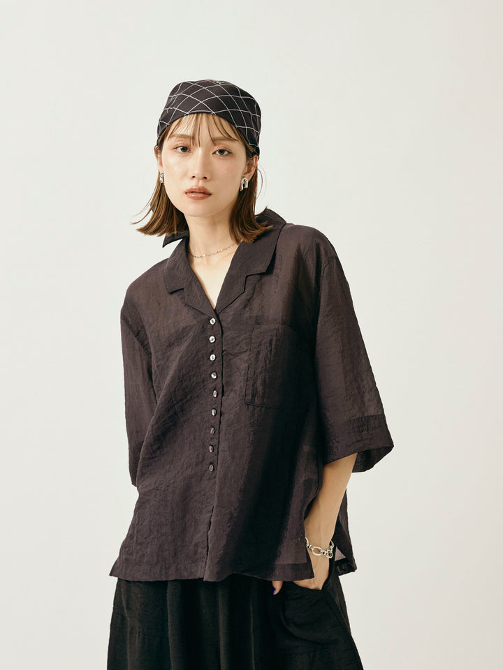 【Allure】[SET]シャイニースラブシアー開襟ハーフシャツ+リネンライクベイカーバルーンパンツ(2set)