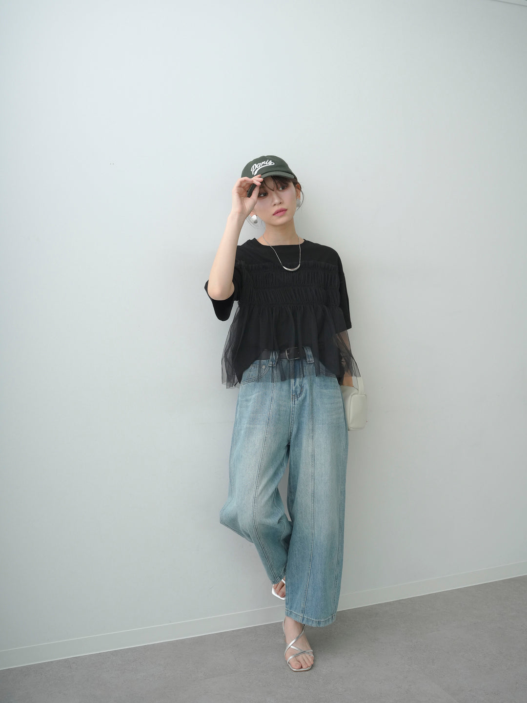 [SET]ギャザーチュールドッキングTEE+センターラインカーブクロップデニム(2set)