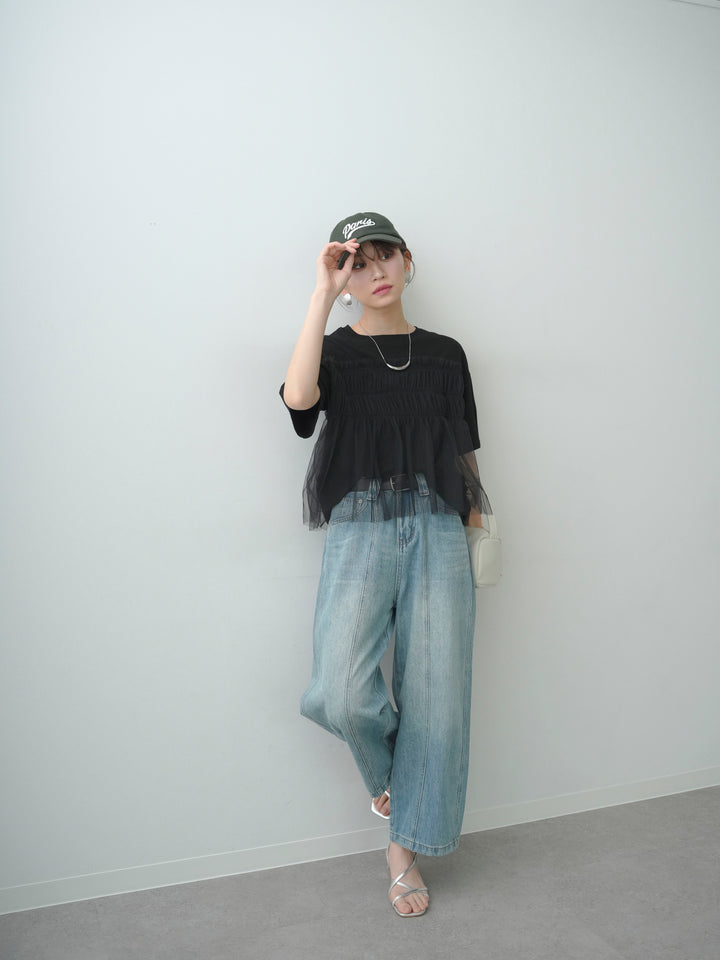 [SET]ギャザーチュールドッキングTEE+センターラインカーブクロップデニム(2set)