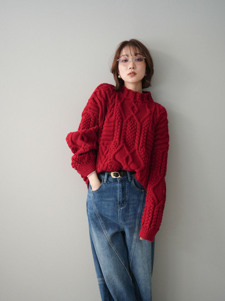 [SET]ケーブル編みモックネックニットプルオーバー+選べるアクセセット(2set)