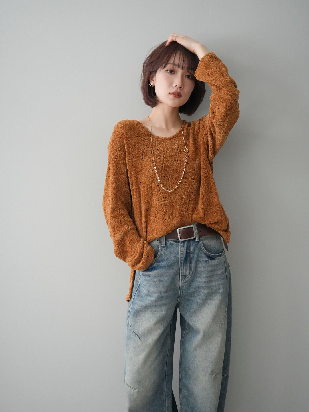 [SET]モール透かし編みニットトップス+ベルト付カーブデニムパンツ(2set)