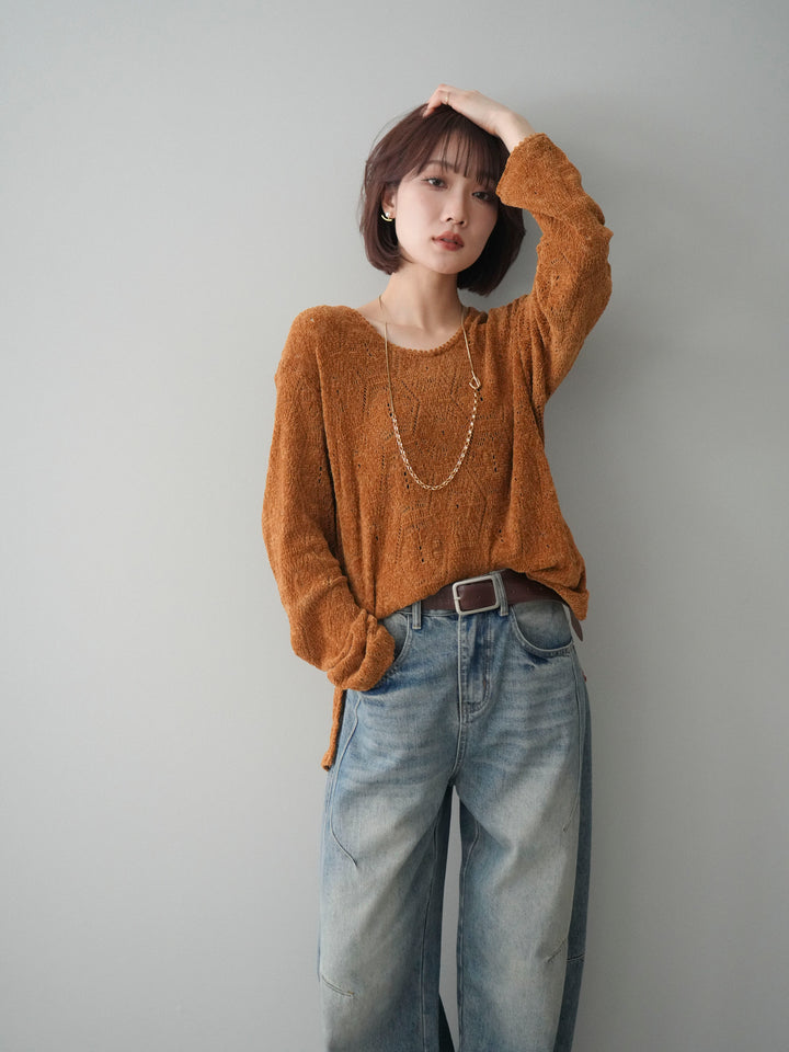 [SET]モール透かし編みニットトップス+ベルト付カーブデニムパンツ(2set)