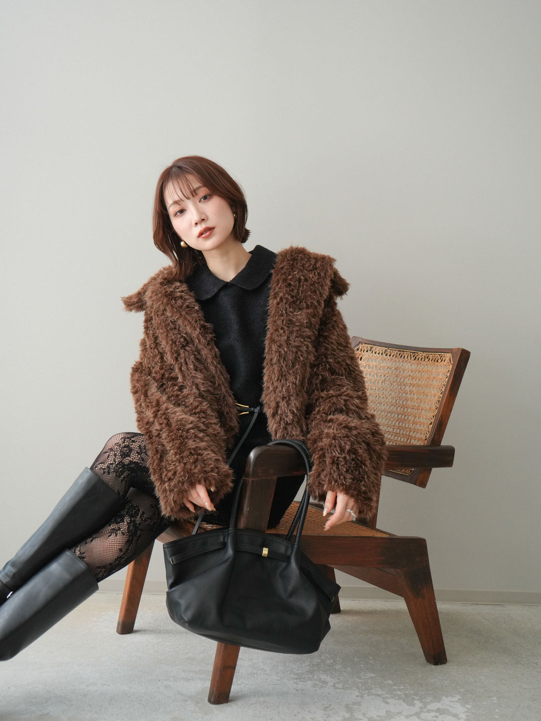 [SET]襟付きブークレミニワンピース+フェイクファー襟付きショートブルゾン(2set)