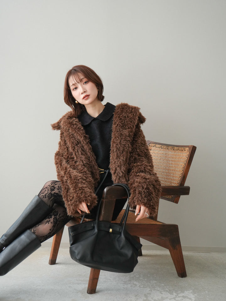 [SET]襟付きブークレミニワンピース+フェイクファー襟付きショートブルゾン(2set)