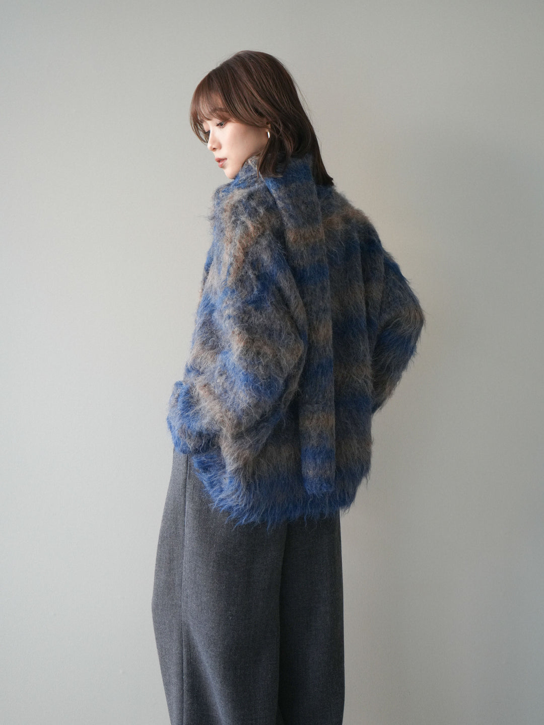 [予約]ストール付シャギーマルチボーダーニットプルオーバー/blue