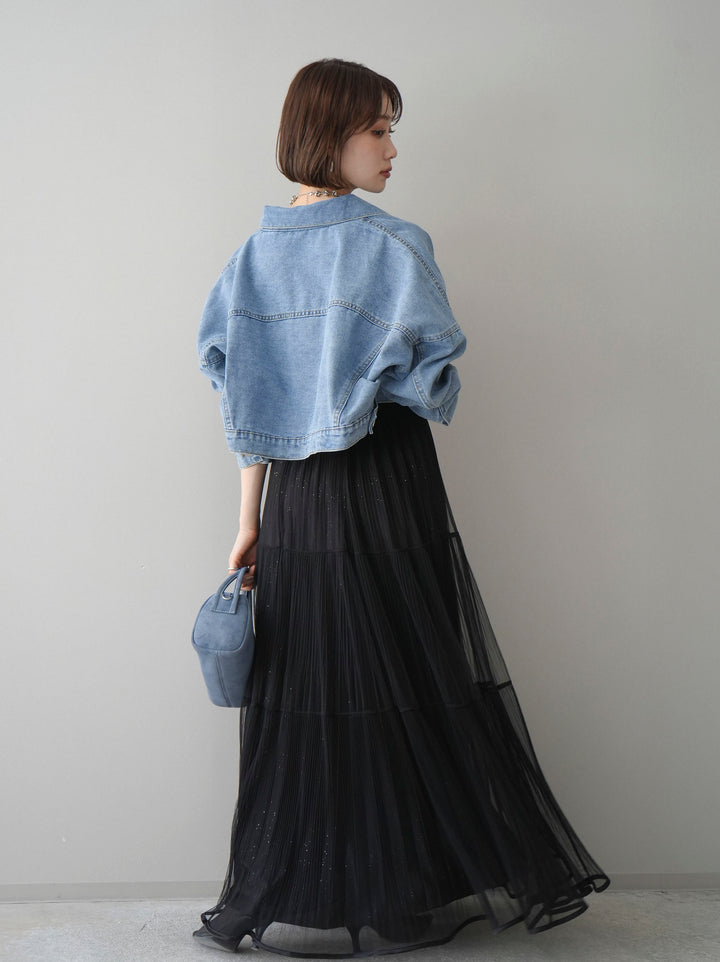 [予約]ラメプリーツレイヤードチュールロングスカート/black