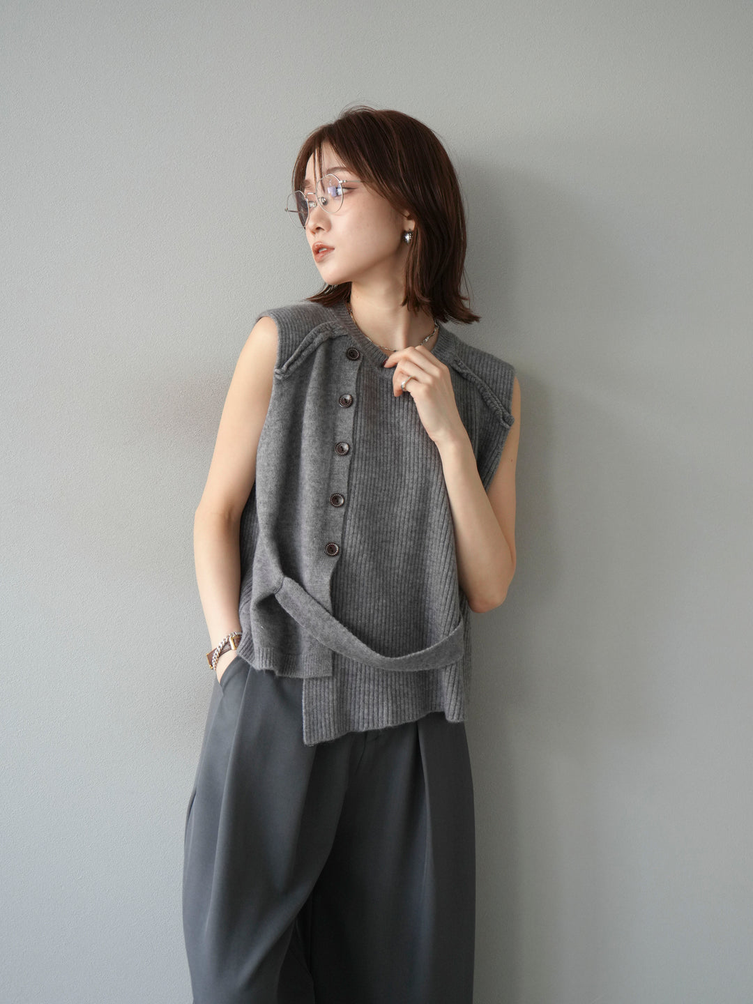 [予約]レイヤードボタンニットベスト/グレー