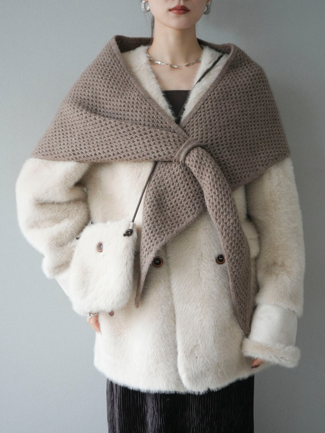 [予約]バッグ付エコファーノーカラーコート/beige