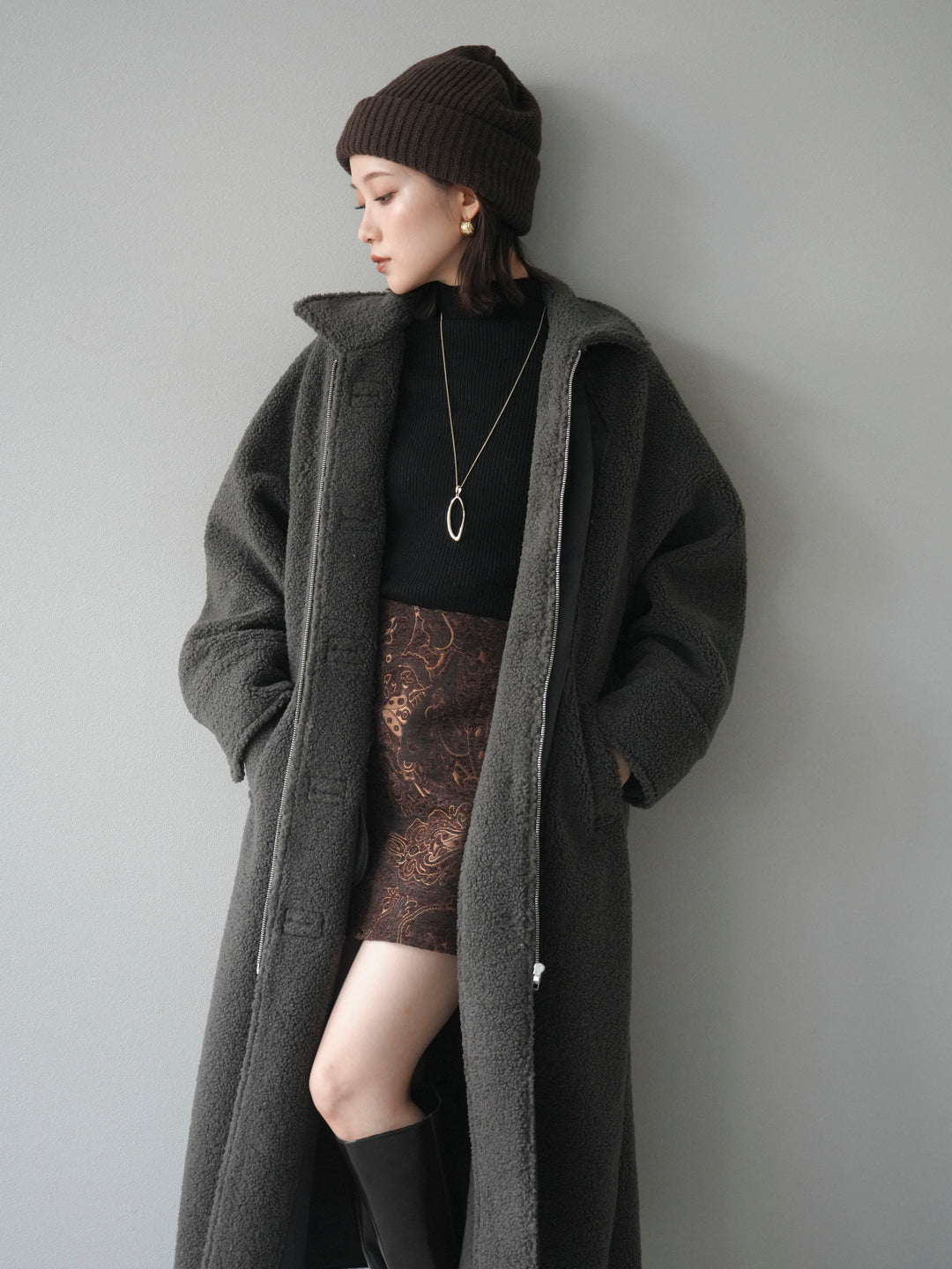 [予約]ボアxムートンロングコート/charcoal