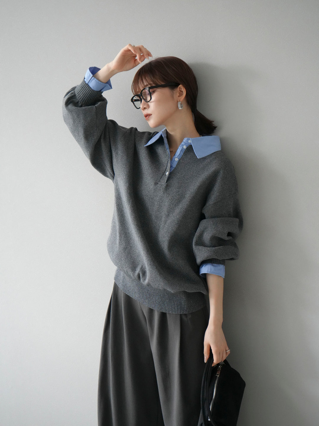 【SET】翻領polo針織套衫+雙褶闊腿褲（2件組）