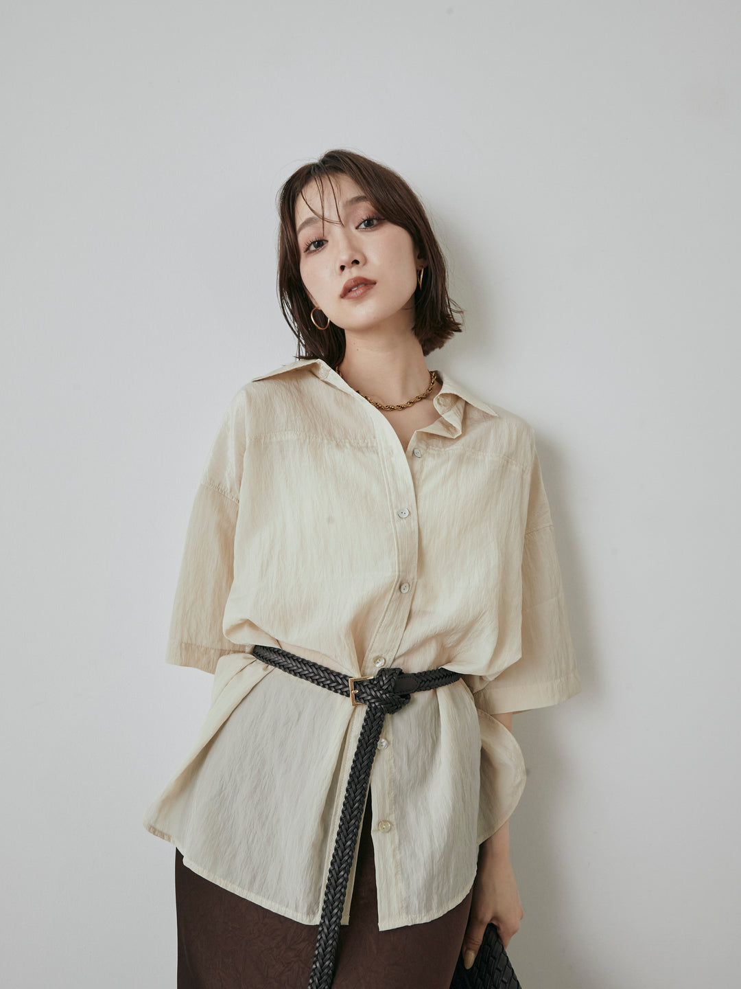 【預購】2WAY尼龍墊圈半身襯衫/奶油色