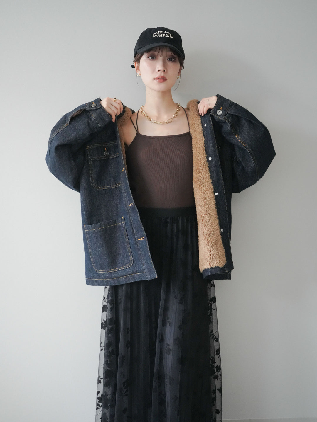 [SET]裏地ファーデニムフライトジャケット+フラワーフロッキーチュールプリーツスカート(2set)