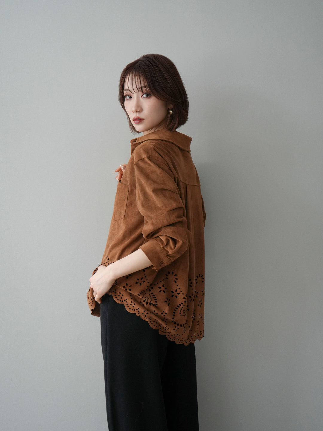 [SET]裾スカラップスエードシャツ+ベルト付起毛コクーンパンツ(2set)