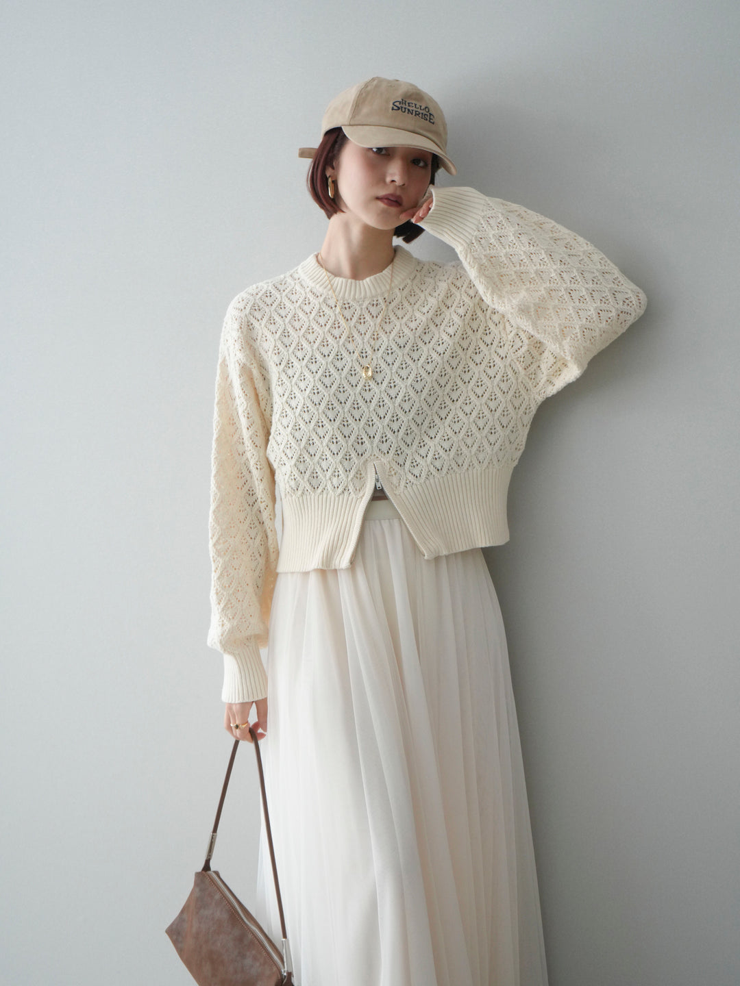 [予約]透かし編みフロントジップスリットニットプルオーバー/ivory