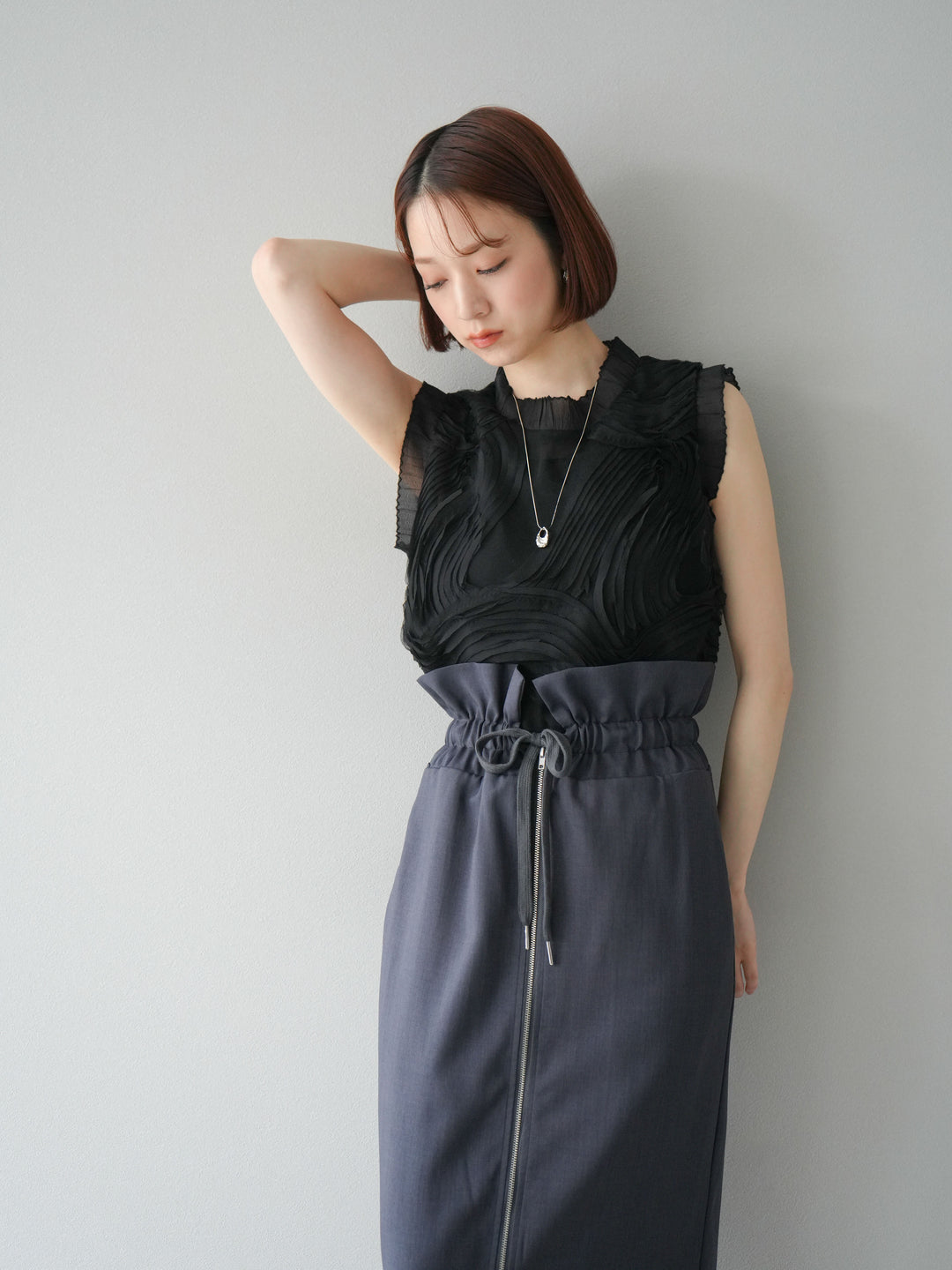 [SET]チュールジャガードノースリブラウス+ヘザーエステルギャザージップスカート(2set)