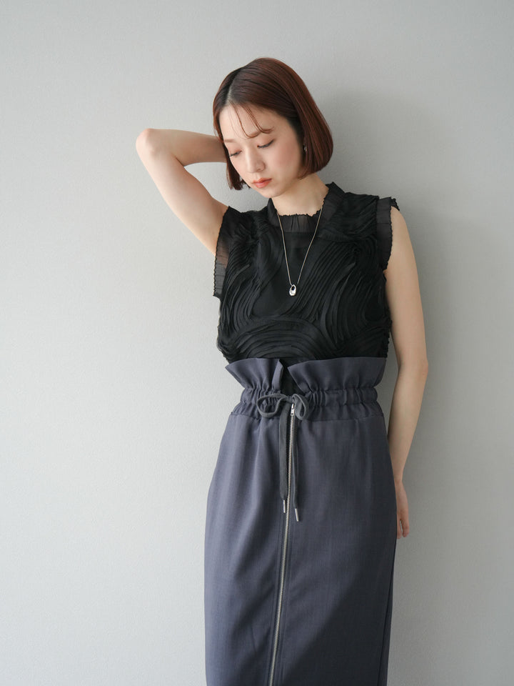 [SET]チュールジャガードノースリブラウス+ヘザーエステルギャザージップスカート(2set)
