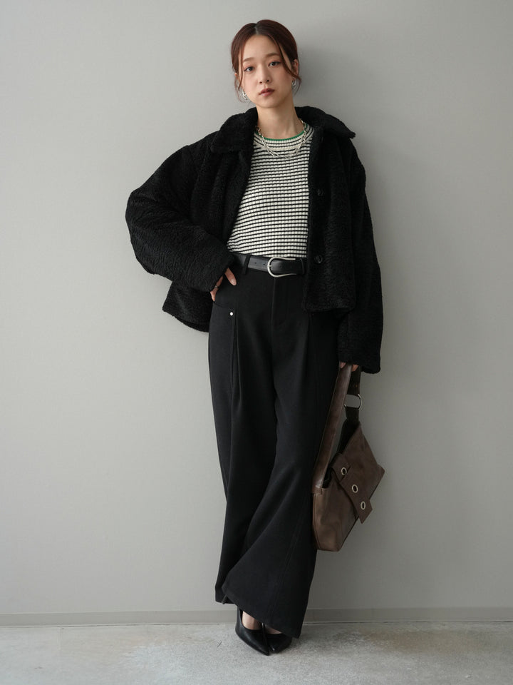 [SET]エコファーステンカラージャケット+ラメ異素材ボーダーリブニットプルオーバー(2set)